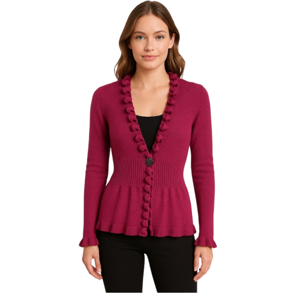 NIC+ZOE Magenta Knotted Ruffle Peplum Cardigan Sweater Peasant Top Style S